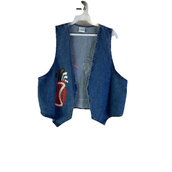 Vintage 90s One Size Golf Course Patchwork Denim Jean Vest Streetwear Whimsy - Picture 2 of 8